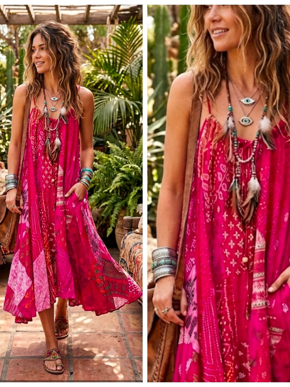 Jaded Gypsy Bohemian Fuchsia Patchwork Midi Dress